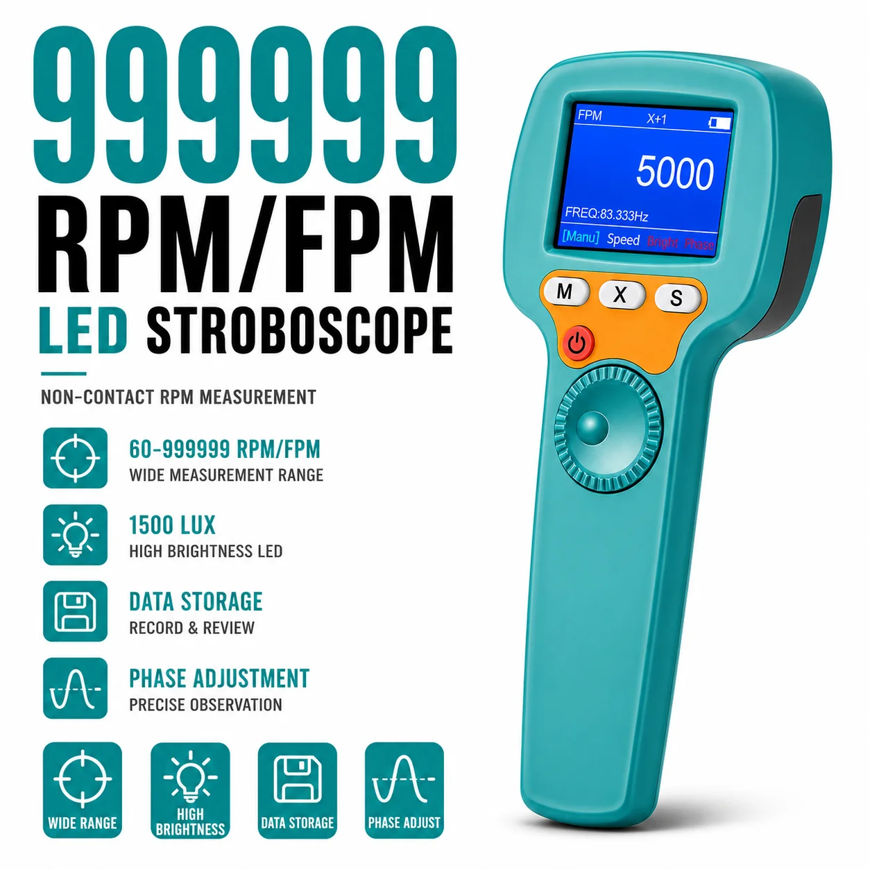 

Stroboscope Strobe Light Tachometer Non Contact Measure 60-999999 RPM/FPM Velocity Hz with 0.001% Accuracy, Handheld Speedometer