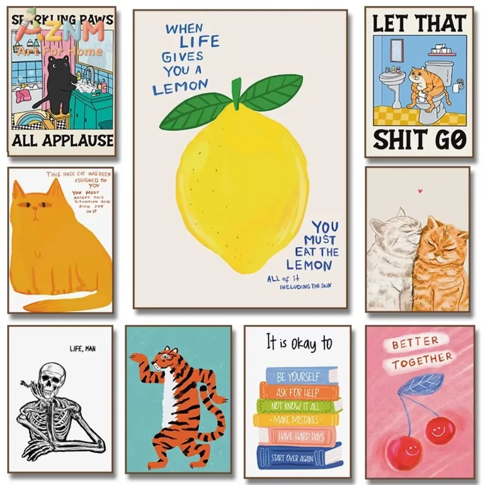 1 pieza Lemon Life: Impresión en lienzo motivacional con ilustraciones de gatos y tigres, y póster de cerezas para sala de estar, baño y hogar