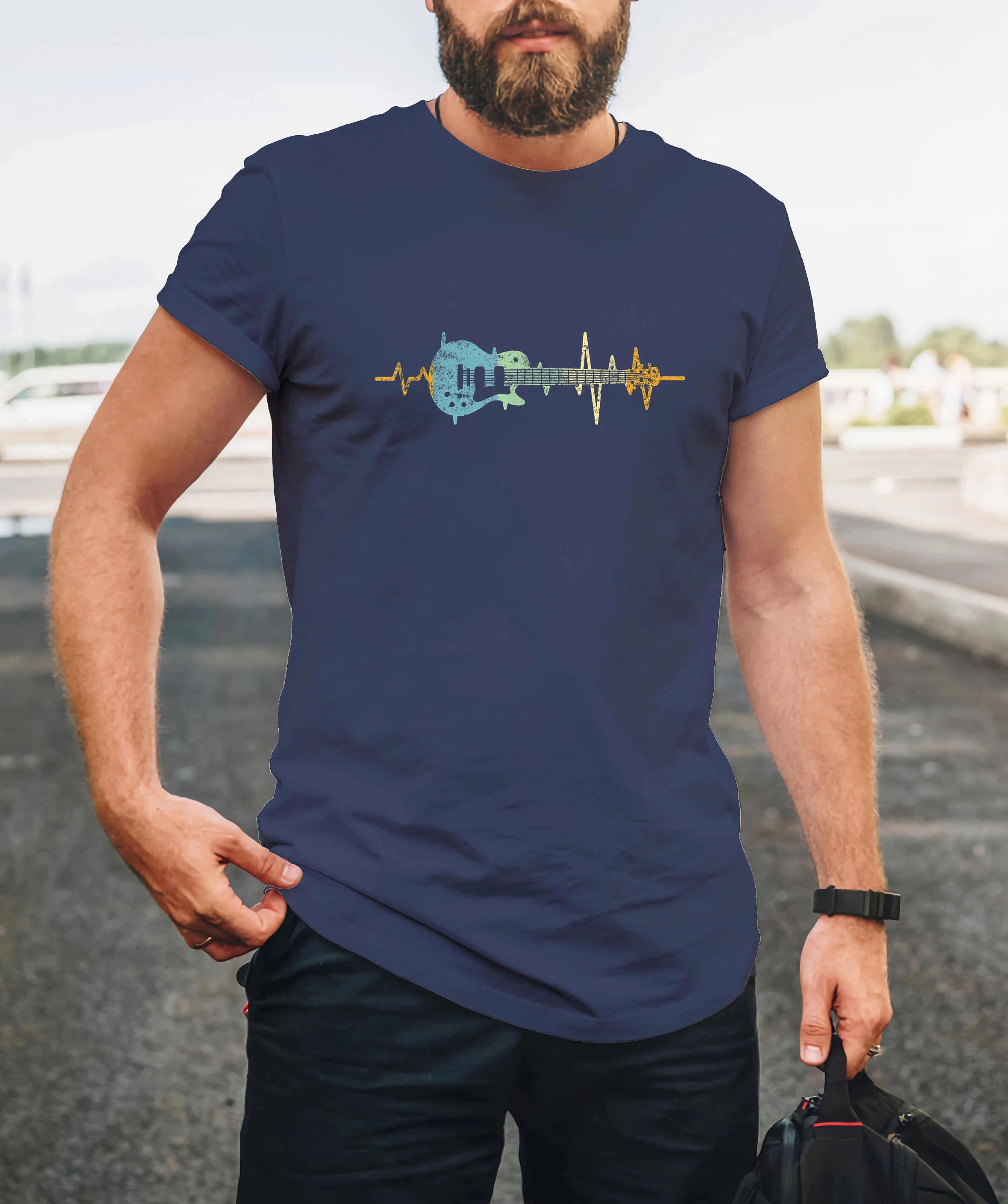 Guitar Heartbeat Tee Retro Music Lover Gift Graphic T Shirts Retro Streetwear High-quality Crew-neck Short-sleeved Men's T-shirt