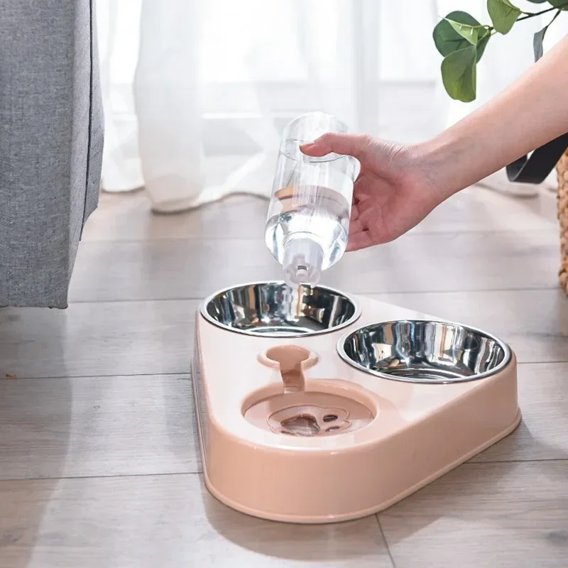 Dog And Cat Self-service Feeder Anti-knock Double Bowl Water Bottle Pet Supplies Stainless Steel Feeder Cat Drinking Fountain