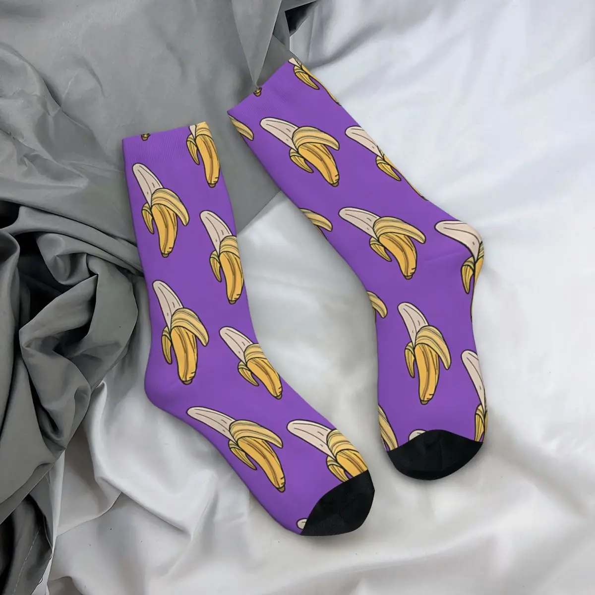 Paarse Banaan Grappige Heren Sokken Retro Fruit Eten Harajuku Gekke Crew Sok Cadeau Patroon Gedrukt