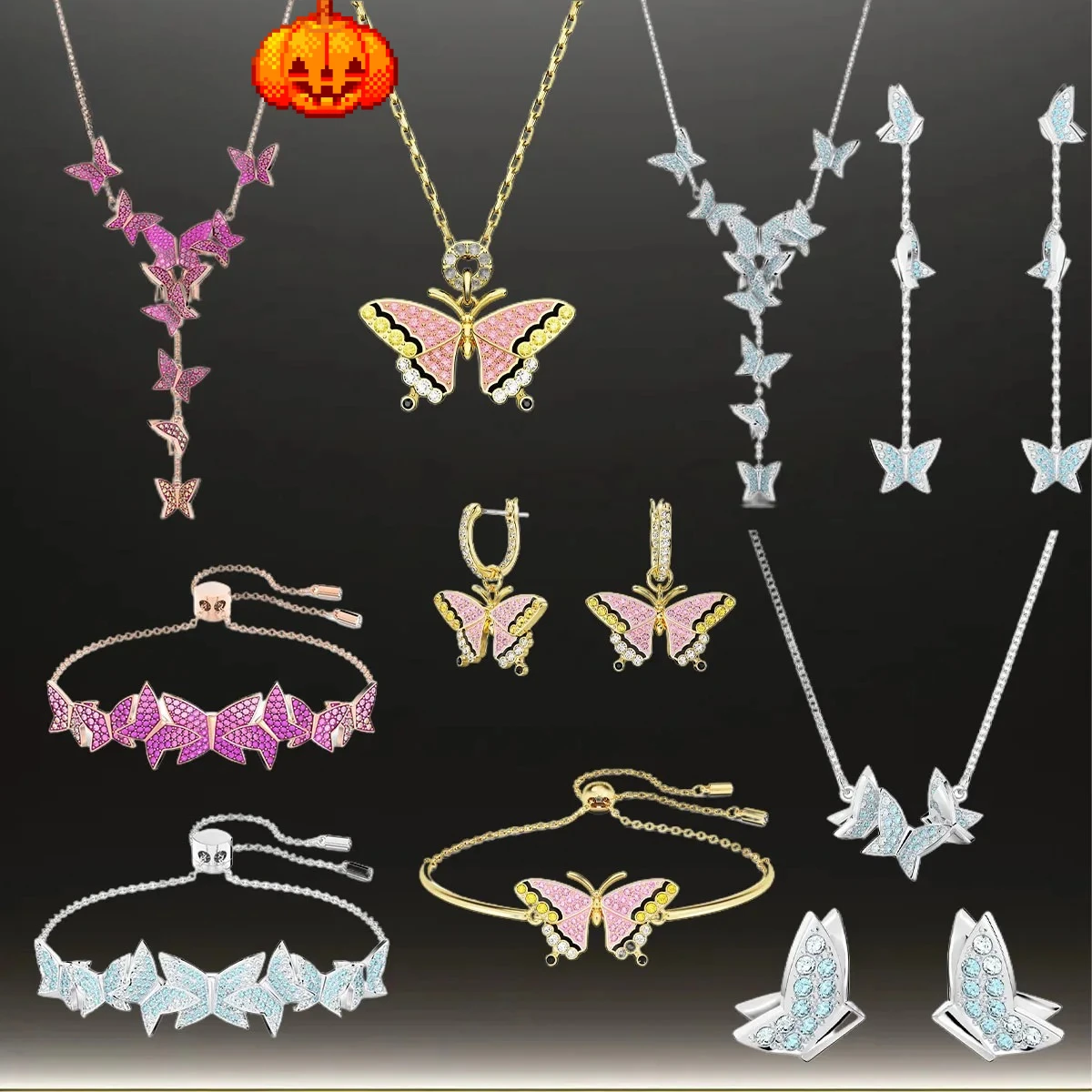 

2025 New Fashion Butterfly Necklace, Earrings, and Bracelet Jewelry Set, Colorful and Suitable for Young Party Wear