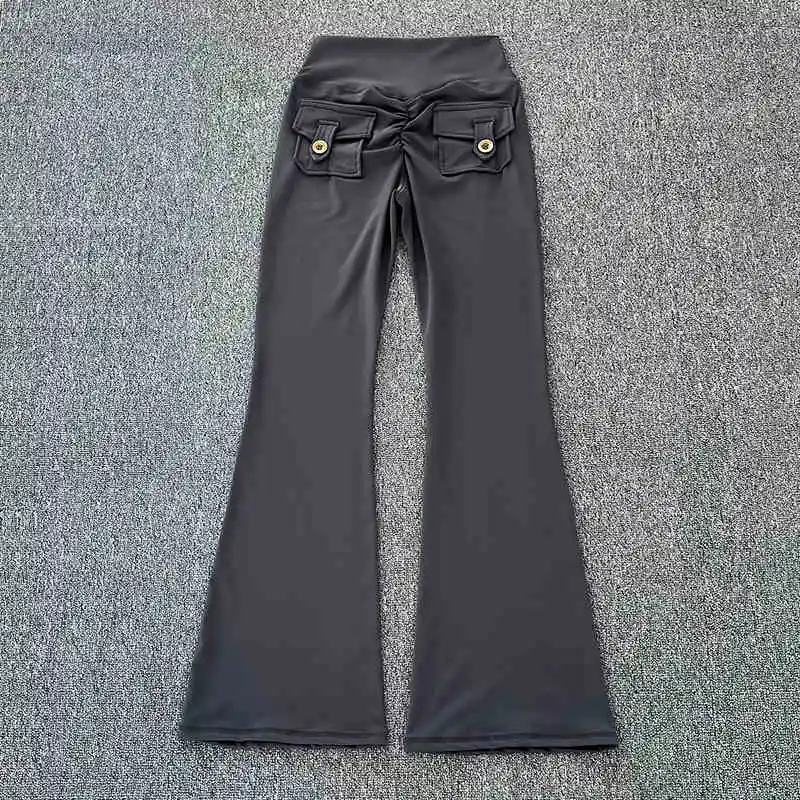 

Polyamide Nude High Waist Cargo Pocket Long Yoga Fitness Gym Flare Long Pants Women Activewear