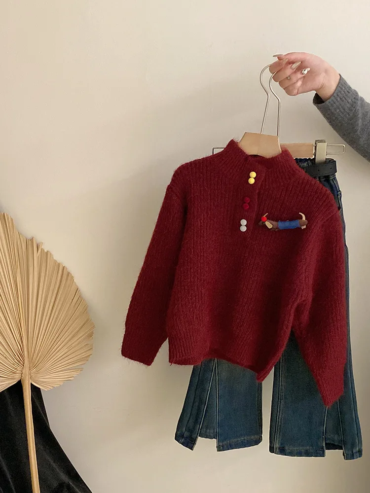 Autumn Winter Fashion Christmas Pullover Knitted Tops Shirt Kids Clothes Flower Children Clothing Girls Sweaters Thick Underwear