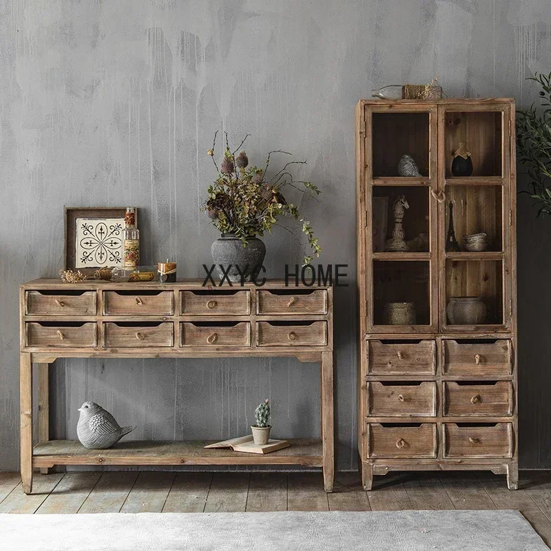 

Тумба для хранения из массива дерева в индустриальном стиле, консольный стол со стеклянной столешницей, винный шкаф, пристенный консольный столик