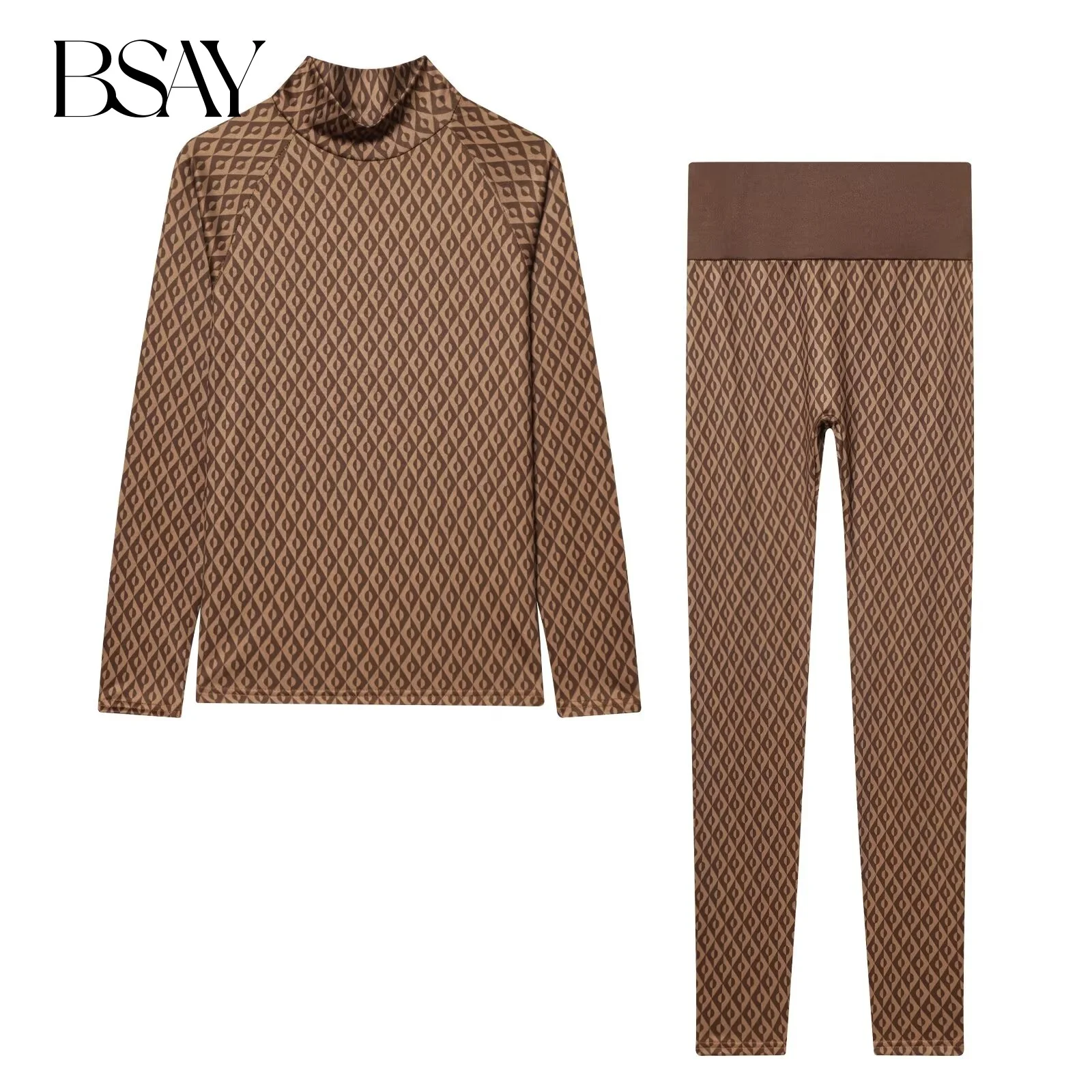 

BSAY теплый комплект из двух предметов для женщин, модная осенне-зимняя новая водолазка с длинными рукавами и принтом, футболка с эластичной резинкой на талии, брюки