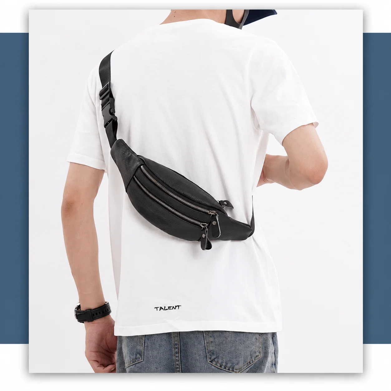 Men's Genuine Leather Chest Bag Double Zipper Cowhide Fanny Pack Casual Crossbody Sling Bag for Daily Commute & Travel