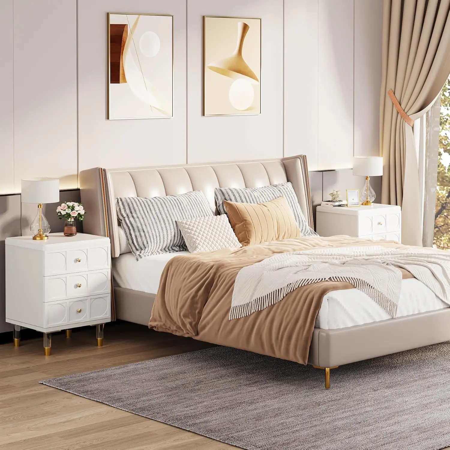 Modern White Nightstand Set of 2 with 3-Drawer Storage Narrow Bedside Side Table with Gold Acrylic Legs for Bedroom, Customized