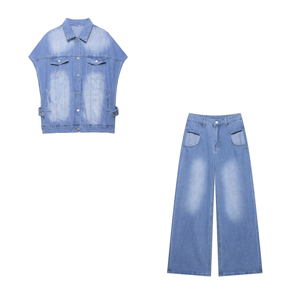 

European and American style summer new women's street trendy design sense hollow collar denim short sleeved vest pants