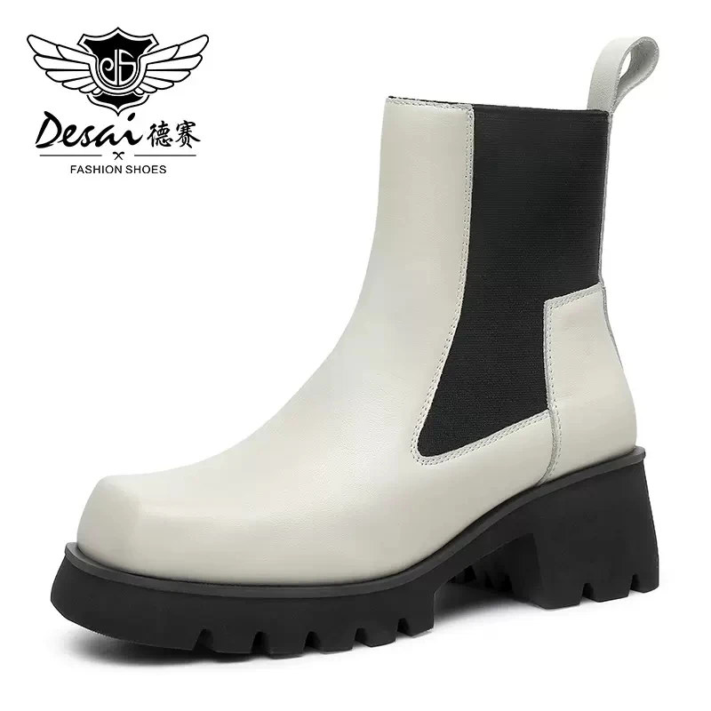 DESAI Thick Bottom Heel Chelsea Women Boots Shoes Ankle Spring Female Casual Shoes For Women Genuine Full Grain Cow Leather