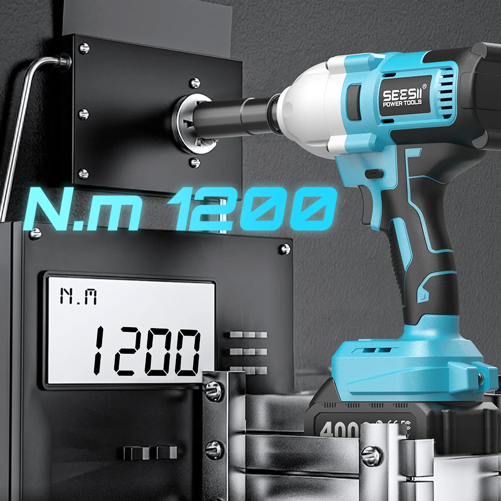 Seesii WH710 Pro 1200N.m Cordless Impact Wrench Brushless 1/2"  Electric High Torque Handheld Impact Gun Kit Battery Powered Tool with 4.0Ah Battery LED Light 6 Sockets