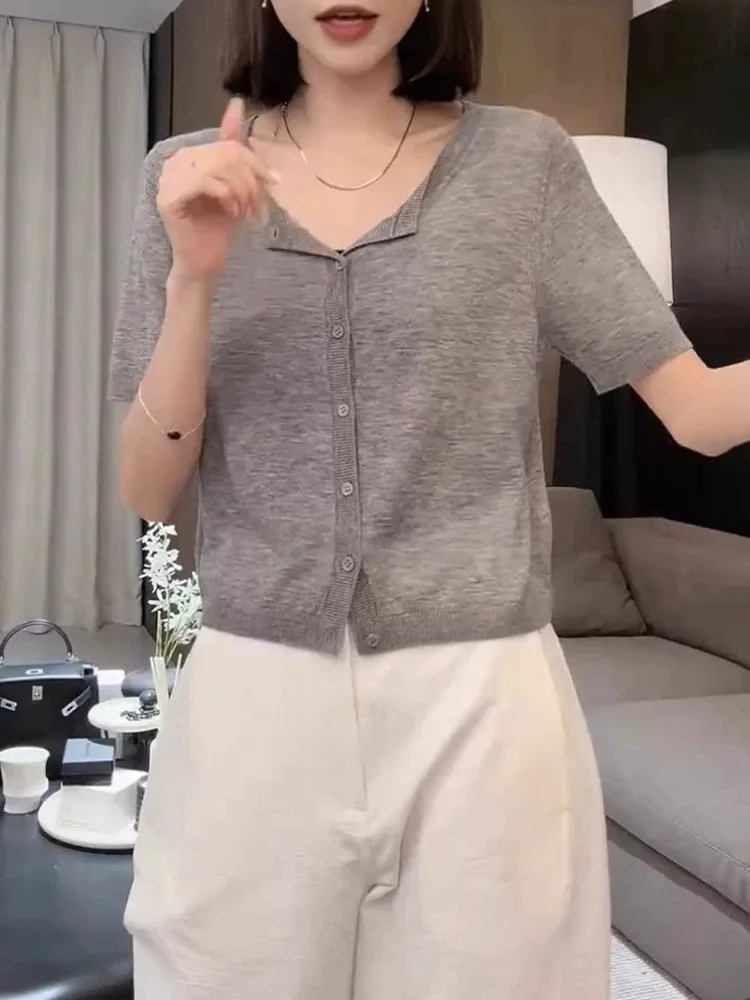Chic Stylish Women's Short Sleeve Knitwear Single Button Design Summer Fashionable Versatile Open Cardigan Top Poetic Lin