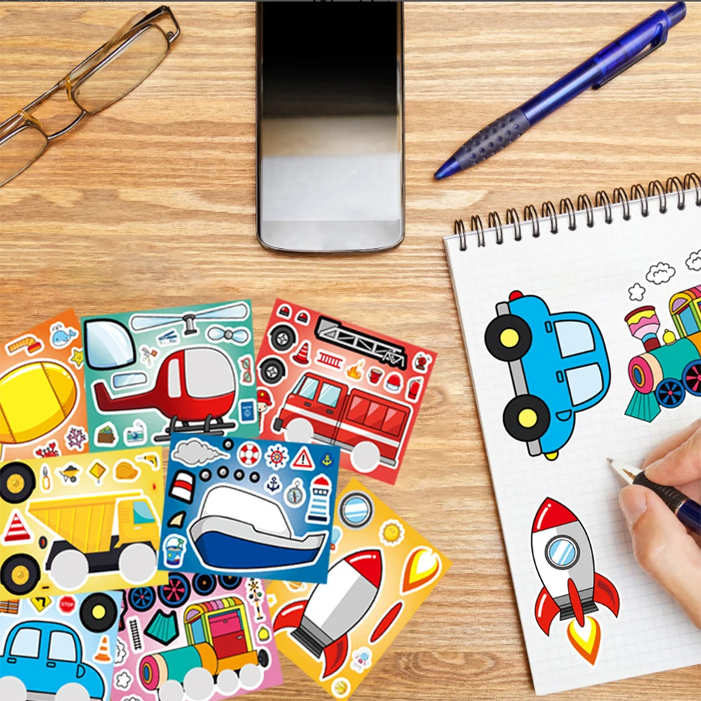 

8/16sheets Cute Truck Airplane Puzzle Stickers Engineering Transportation Kid DIY Make a Face Assemble Jigsaw Decals for Kid Toy