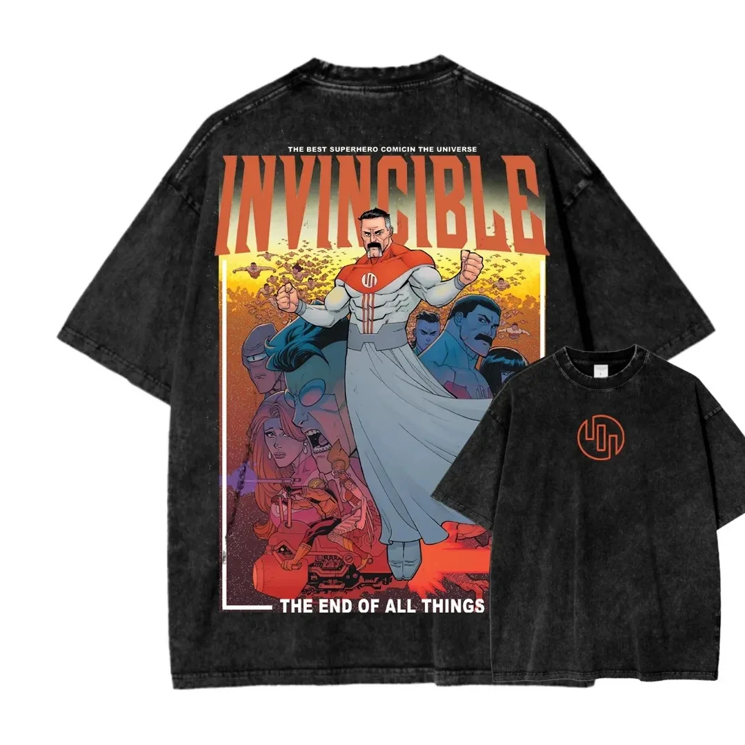 Invincible Washed T-shirt personality Clothes soft Year round clothing Oversized Couples Unisex Y2k Short Sleeves Classic Casual