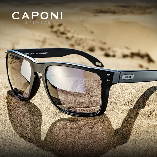 CAPONI gafas de sol polarizadas para hombres marca Vintage diseñador gafas de sol de conducción fotocromáticas cuadradas TR marco negro tonos BS9417