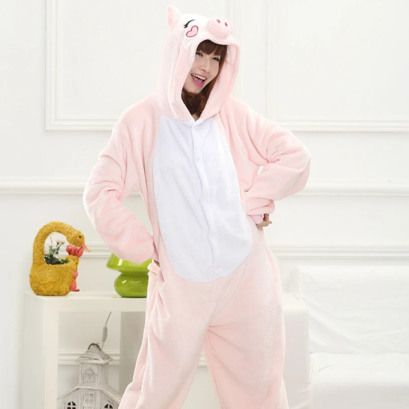 One Piece Hooded Kids Pajamas Kigurumi Pig Onesie Winter Flannel Overalls for Children Pyjamas Adult Girl Sleepwear Plush Pjs