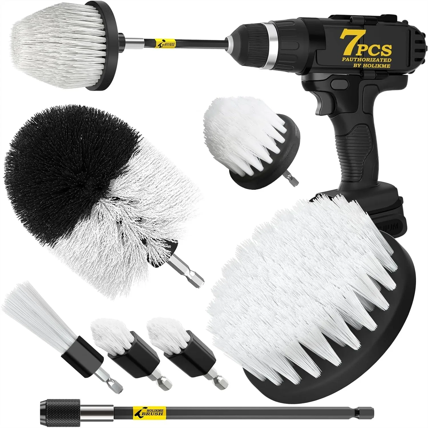 

7 Pack Drill Brush Attachment Set Car Interior Detailing Kit Power Scrubber Extended Long Attachment For Bathroom Shower Carpet Boat Kitchen Floor Tile White