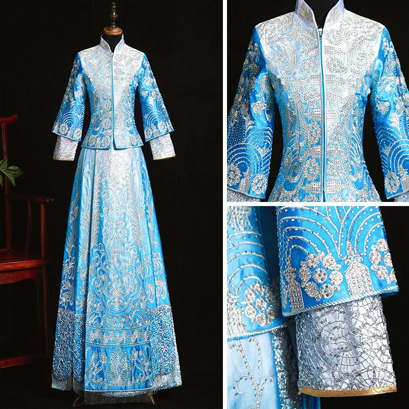 New Chinese-style blue wedding dress