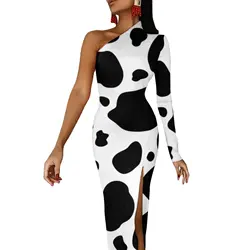 Black And White Cow Print Maxi Dress Cow Spots Pattern Party Bodycon Dresses Summer High Slit Night Club Dress Female Vestido