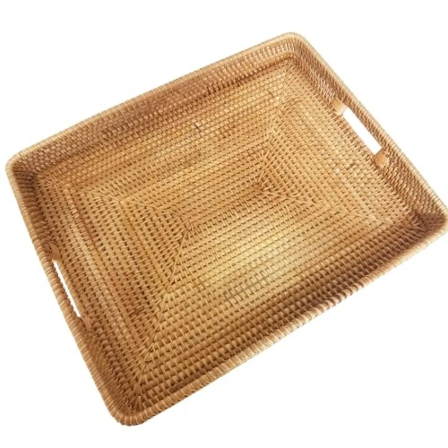 

20 Inch Handmade Rectangular Countertop Serving Trays with Cutout HandlesRustic Decorative Rattan Woven Platter Holding Breakfa