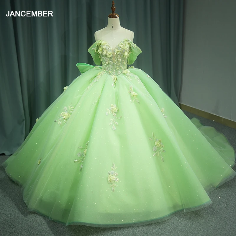 Green Ball Gown Quinceanera Dresses Shiny Appliques Bridal Gown Party Bow Floor-length Bride Dresses vestidos de quinceañera