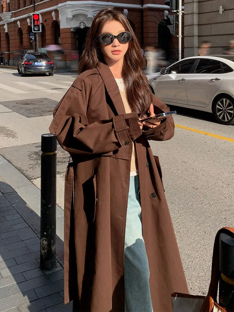 

SuperAen кофейный плащ, длинное пальто для женщин, весна и осень, новые простые элегантные повседневные пальто в корейском стиле