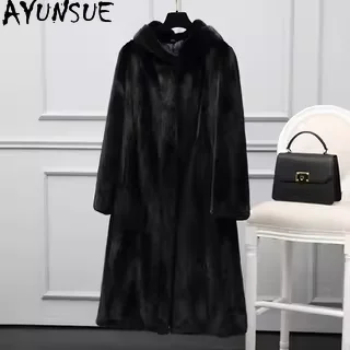 AYUNSUE Natural Mink Fur Coat Women Clothes 2025 Luxury Real Fur Coats Female Mink Winter Jacket Hoodie Шуба Женская Long Style