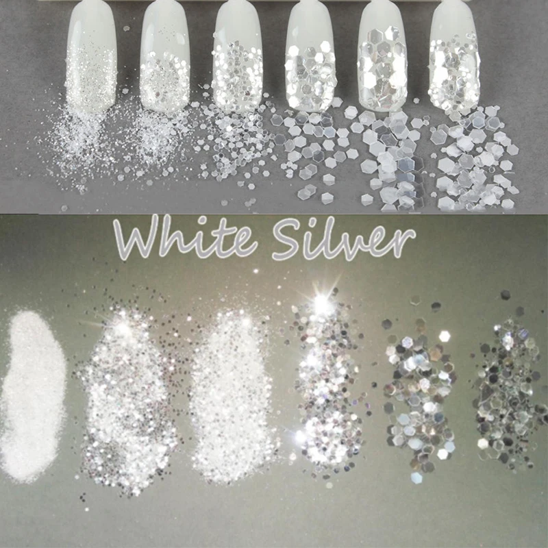 10g/Jar White Silver Mix 1mm&2mm&3mm Nail Glitter Sequins Holographic/iridescent Powder For Gel Polish Luxury Sequins 23#