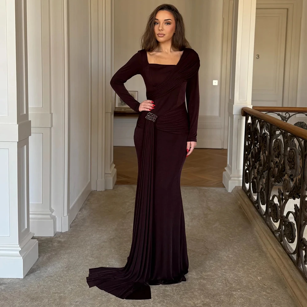 

Vintage Square Collar Velour Mermaid Evening Dress Customized Saudi Long Sleeves Beading Pleats Formal Celebration Prom Gowns