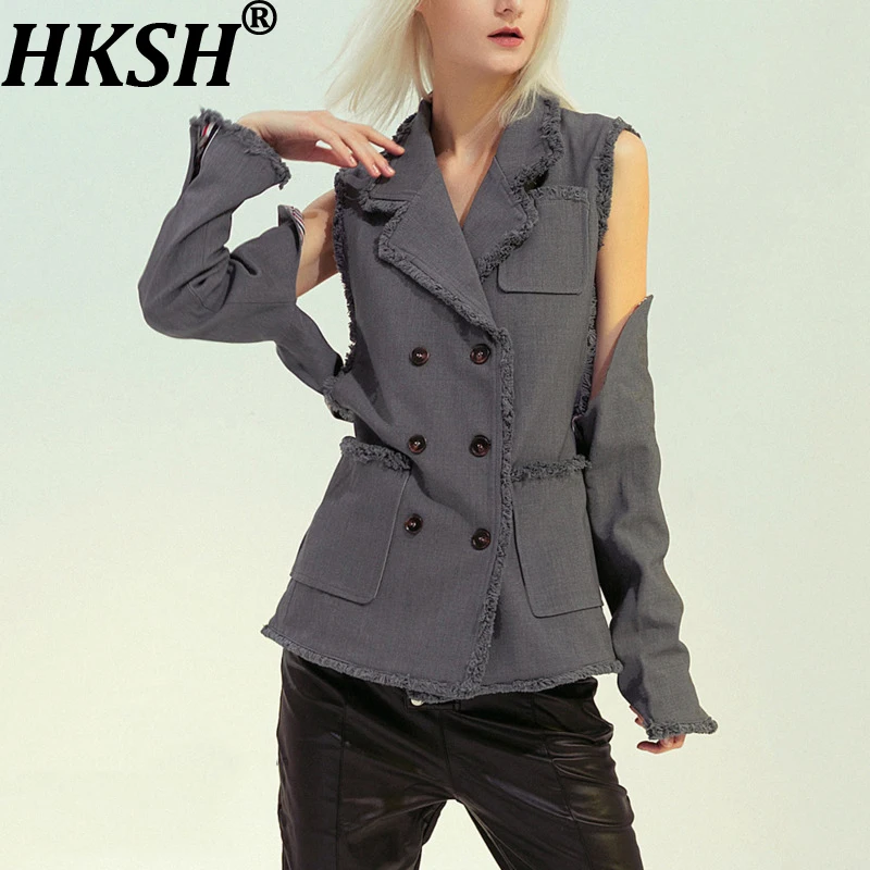 

HKSH Women Chic Blazer Tassel Off-Shoulder Long Sleeves Double Breasted Pockets Niche Design Sexy Jacket New Spring 2026 HK19463