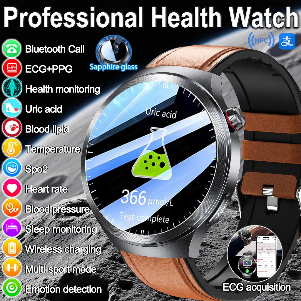 

2025 New Nursing Grade Blood Pressure Uric Acid Blood oxygen Human Analysis Smartwatch ECG+PPG BT call Smart Watche Men