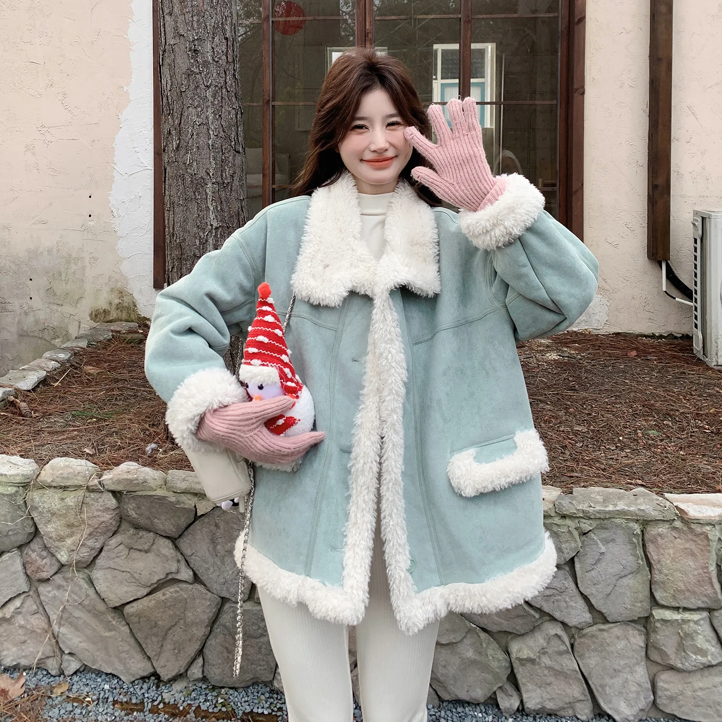 سترة نسائية زرقاء على الطراز الكوري بياقة واقفة من جلد الغزال معطف صوف الضأن 2025 سترة شتوية سميكة مبطنة بالفرو الصناعي #3