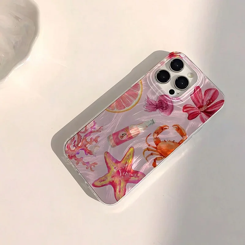 Handyhülle für iPhone 17 13 12 11 16 15 14 Pro Max 16E XS X XR 7 8 Plus Niedliches Rosa Herz Seestern Korallen Quallen Muster Cover – Detail 10