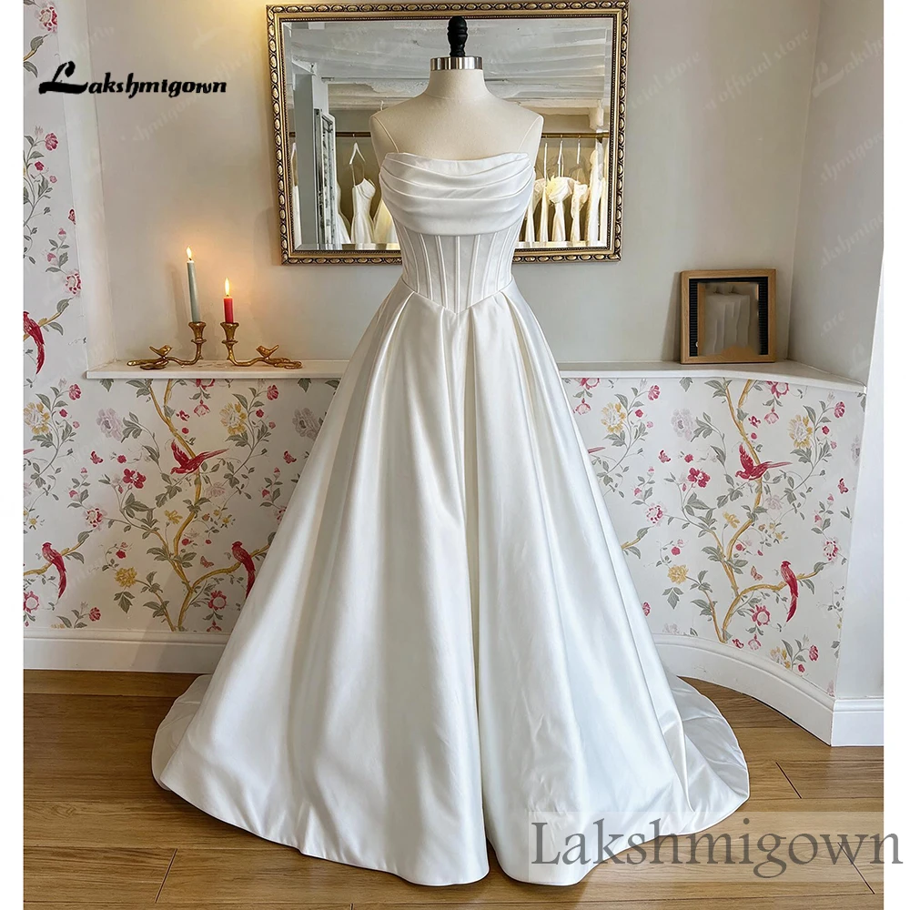 Lakshmigown Trägerloses, drapiertes Satin-Hochzeitskleid für Damen, Korsett-Mieder mit Stäbchen, A-Linien-Brautkleid, Knöpfe am Rücken, individuell anpassbar – Detail 5
