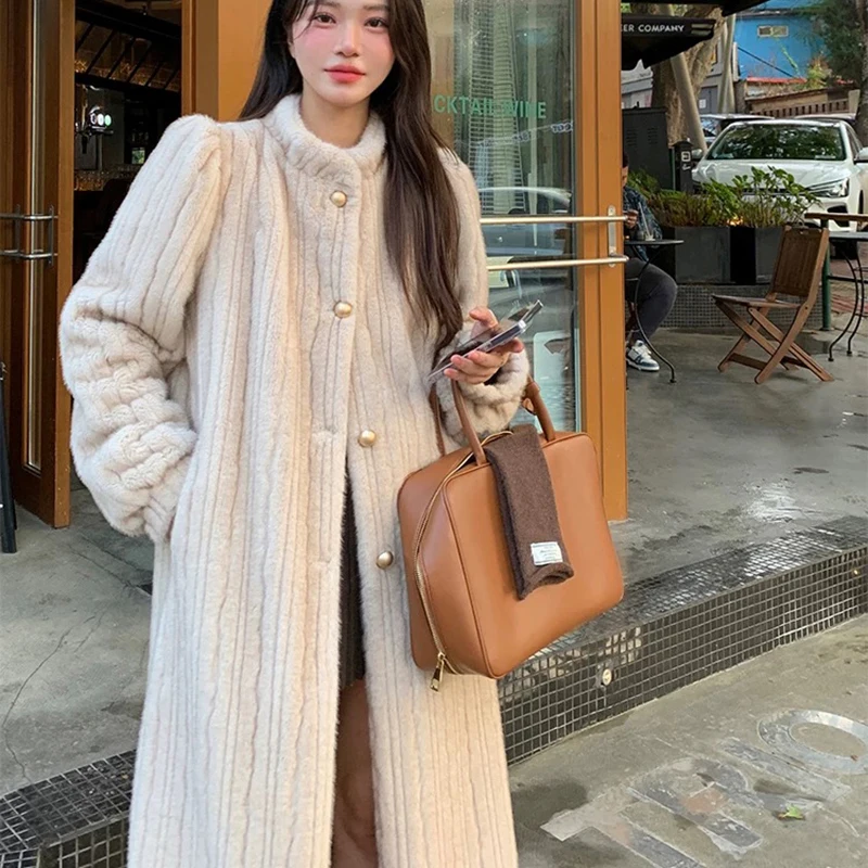 Women Faux Fur Long Coat Elegant Vintage Thick Warm Jacket Faux Mink Single Breasted Stand Collar Loose Casual Winter Outwear