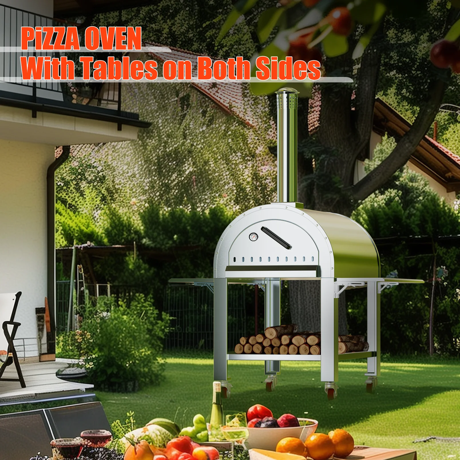 

32 Inch Pizza Oven Outdoor,Wood Fire & Propane Gas Dual Fuel With Wheels And Accessories In Stainless Steel For Backyard, Garden