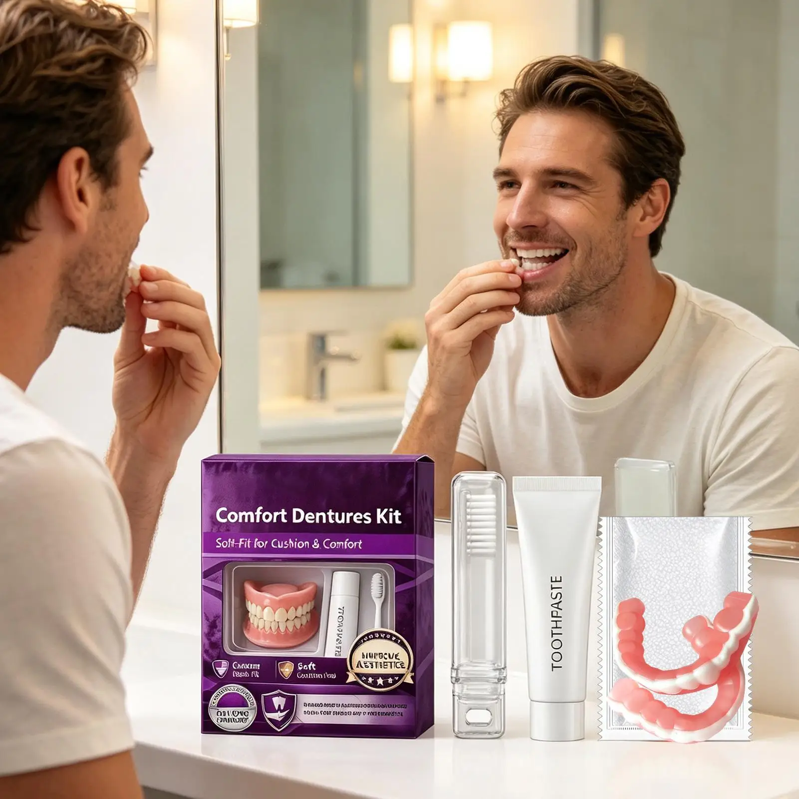 Full Set Natural Dentures Upper Lower Silicone Fake Teeth Braces Comfort Fit InstantSmile OralCare For Men Women