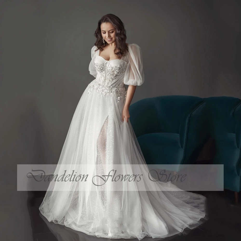 Plus Size Square Neck Wedding Dresses Half Sleeves Appliques Bride Gowns Appliques Tulle With Side Split A-Line Vestido De Noiva