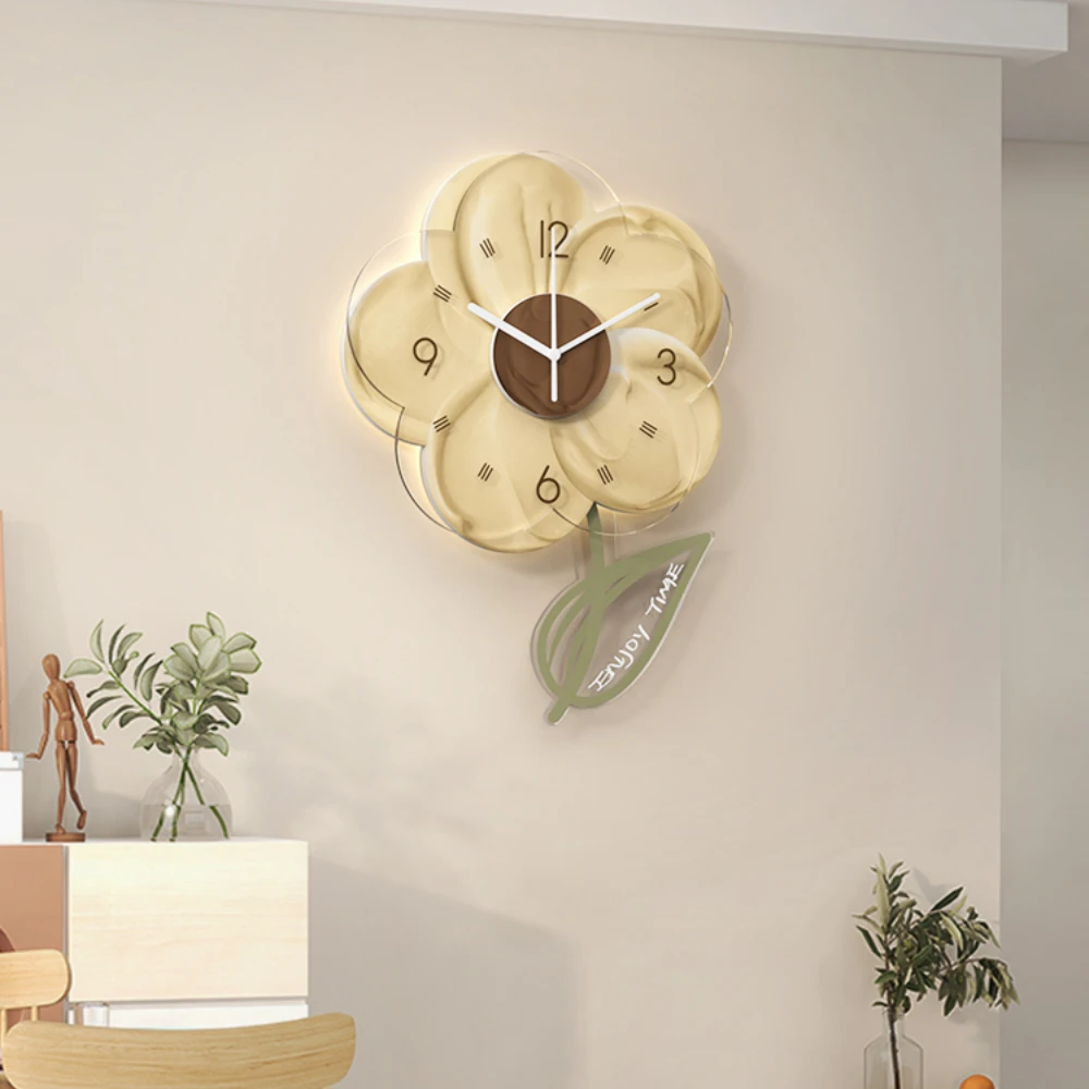 

Cream style creative wall clock living room household fashion dining room clock hanging wall simple flowers luminous wall lamp