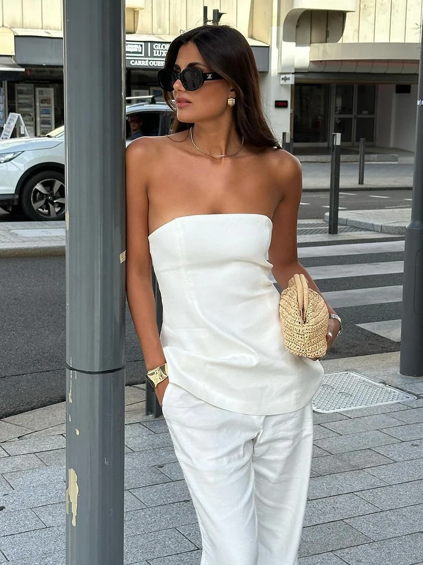 Marthaqiqi White Cotton Female Nightgowns Set Tank Tops Sleepwear Backless Pajama Strapless Nightwear Pants Nightie 2 Piece Suit