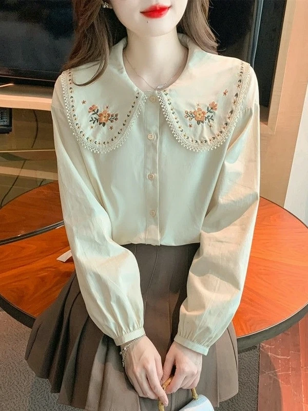 التطريز بيتر بان طوق قمصان طويلة الأكمام النساء الكورية Vintage الطلاب البلوزات الفتيات النقية الإناث شيك القمم Y2K خريف جديد