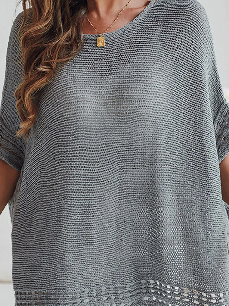

Women Casual Round Neck Hollow Out Top Pullover Autumn Winter Batwing Sleeve Loose Sweater Fashion Solid Knitted Jumper Harajuku