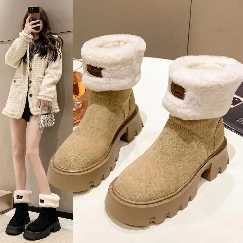 

2024 Best-selling New Thick Soled Elevating Snow Boots Winter Plus Warm Vintage Thick Heel Pile Collar Short Boots Cotton Shoes