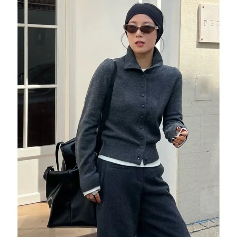 Maglione bidirezionale stile coreano da donna cardigan in maglia allentata a collo alto 2025 pullover caldo invernale versatile top pigro