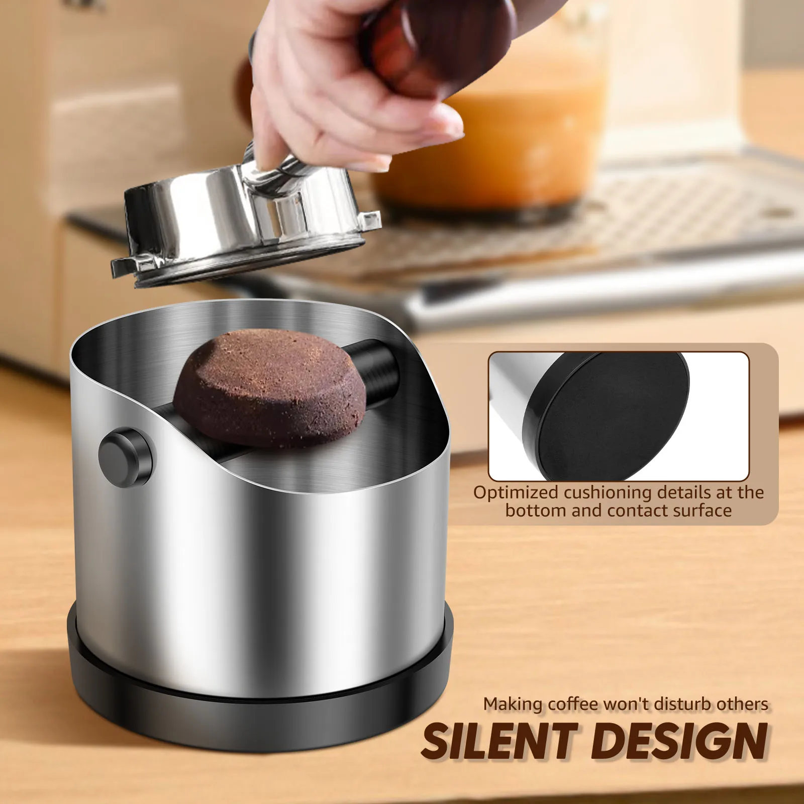 Stainless Steel Coffee Knock Box with Nonslip Base Removable Bar Espresso Grounds Knock Box Container Coffee Machine Accessories