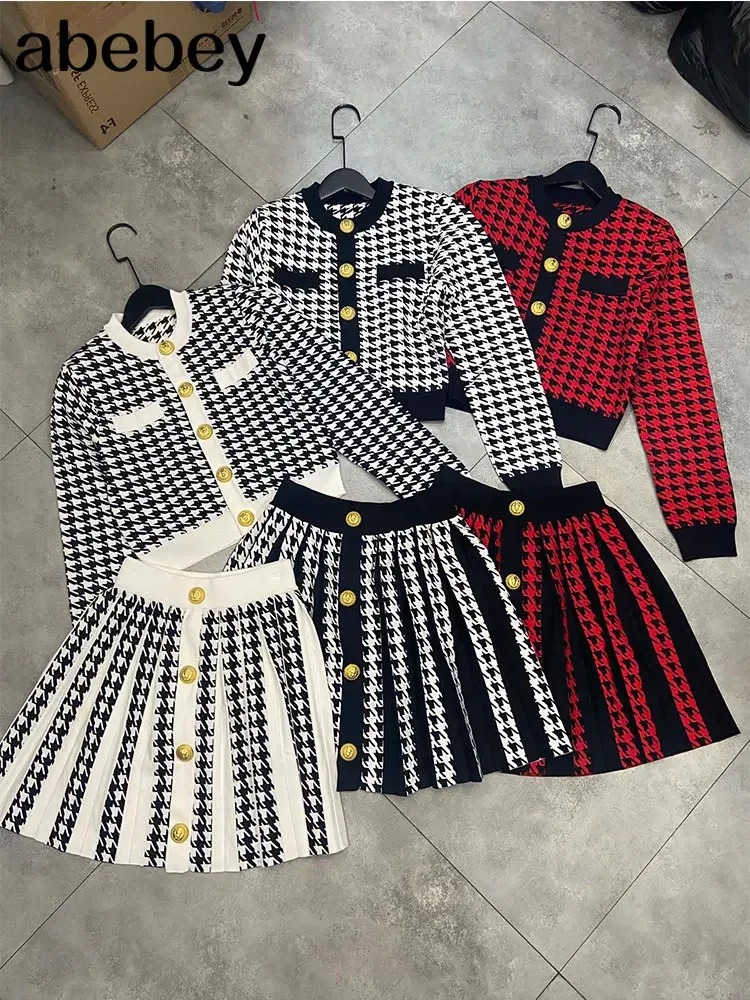 

Women Mini Skirt Sexy 2 Pieces Set Houndstooth Pattern Early Fall Skinny Knit Casual Tennis Suits