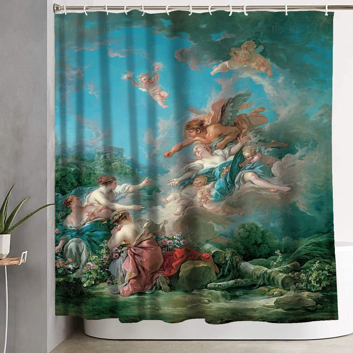 Beautiful Woman Writing In Book Surrounded By Cherubs Flowers North Abducting Oreithyia Shower Curtain By Ho Me Lili Bath Decor