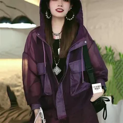 Purple Black Gray Breathable Sunscreen Clothing New Loose Pocket Hooded Drawstring Jacket Top Women Summer Sun Protection Coat