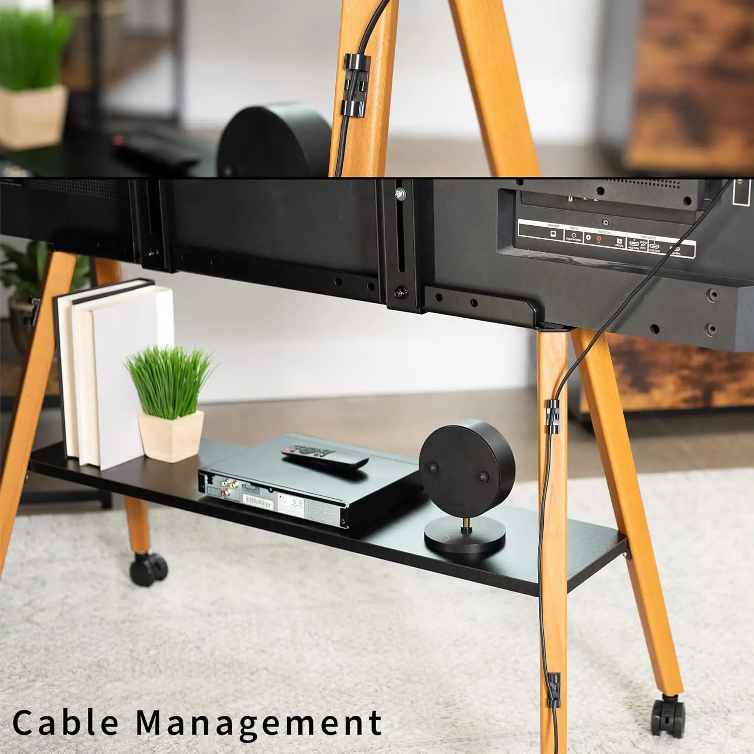 43-75인치 LED LCD TV 스탠드(목재 선반 포함), 조절 가능한 검정색 프레임 이젤 스탠드, 호두나무 다리 4개, STAND-TV75R