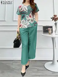 Women Summer Matching Sets ZANZEA 2PCS Short Sleeve Floral Blouse Trousers Suits Elegant OL Work Pant Sets Fashion Tracksuits